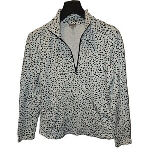 T by Talbots Womens XS Quarter Zip Pullover Top Blue Black Abstract Print Cotton
